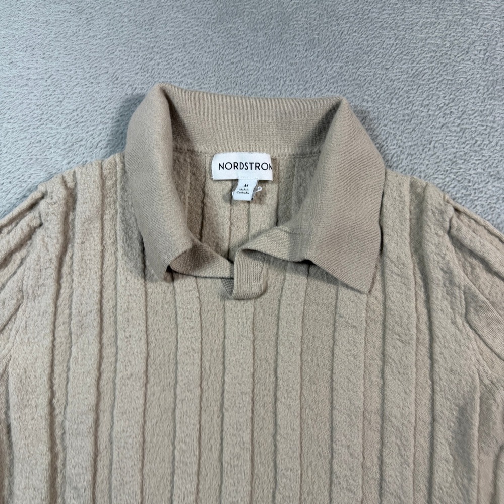 Nordstrom Polo Top Womens Medium Beige Merino Wool Silk Blend Ribbed Casual - Picture 3 of 9